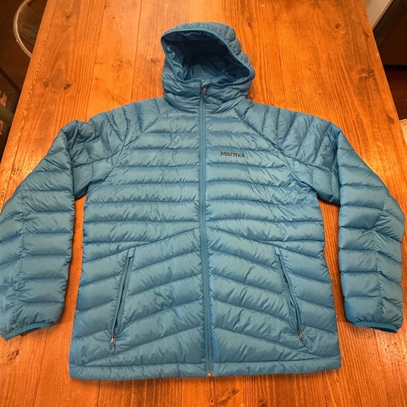 MARMOT Highlander Hooded Down Jacket Mens XL Bright Blue 700 Fill Outdoor Puffer - Picture 1 of 9